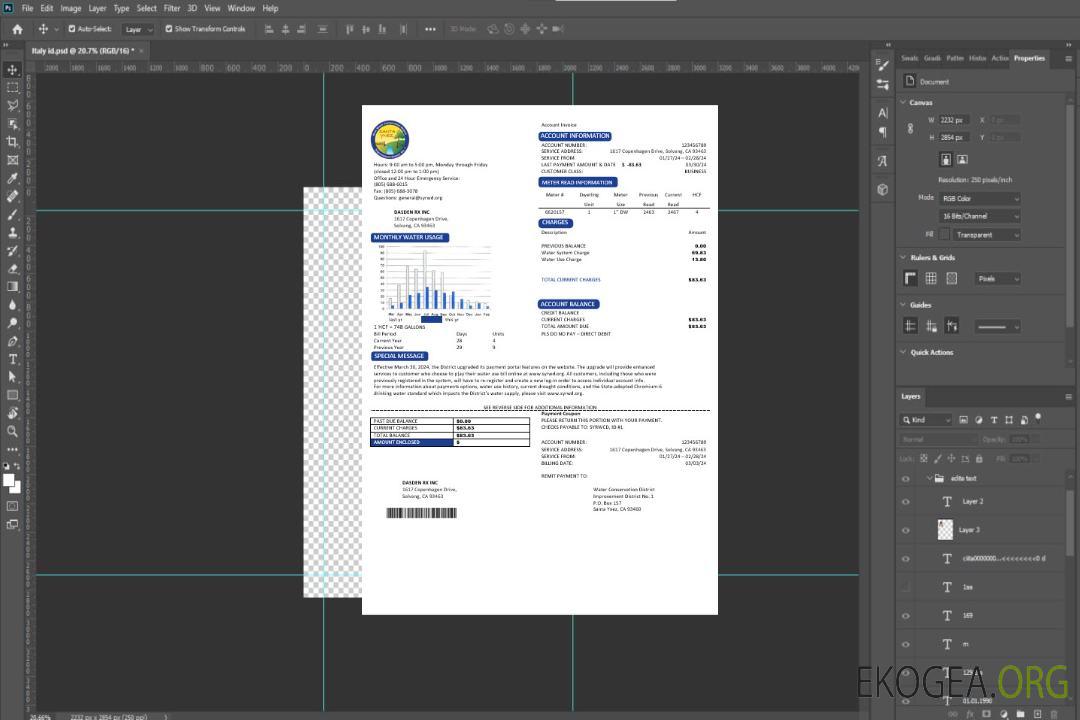 Modèle de facture de services publics d'eau des États-Unis, Californie, Santa Ynez, aux formats Word et PDF template